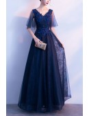 Navy Blue Vneck Aline Long Prom Formal Dress With Tulle Sleeves