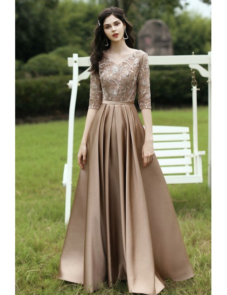 Elegant Vneck Half Sleeve Aline Long Bridesmaid Dress