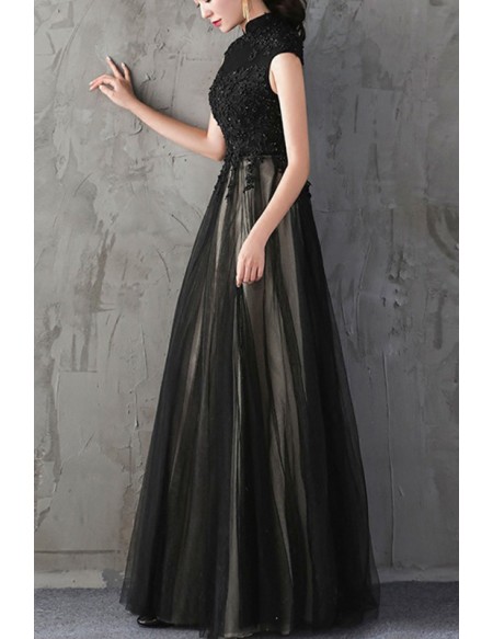 Long Black Tulle Formal Dress Sleeveless With Collar