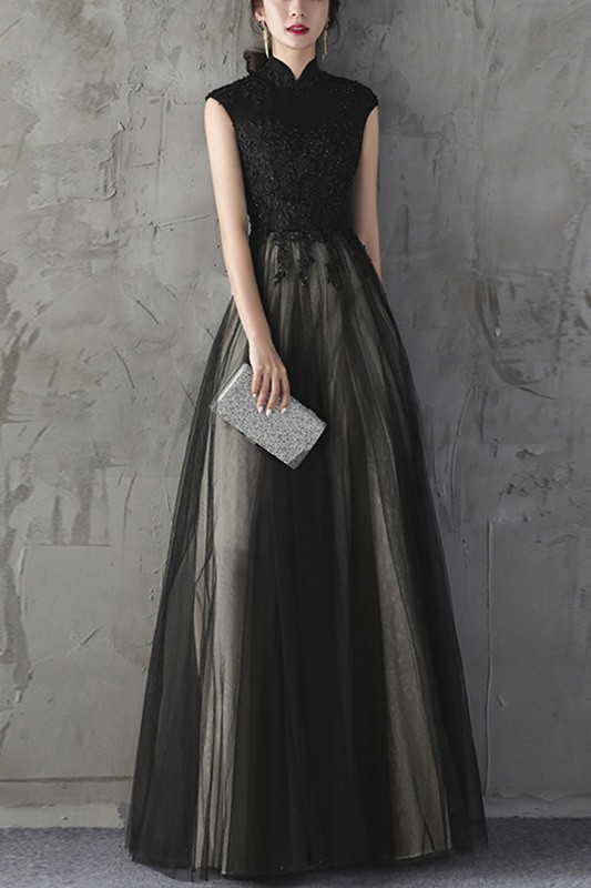 Long Black Tulle Formal Dress Sleeveless With Collar #J1409 - GemGrace.com