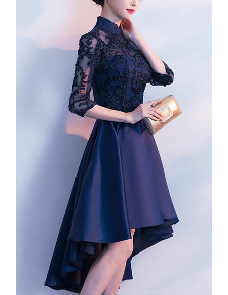 Navy Blue High Low Hoco Party Dress With Sheer Sleeves