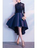 Navy Blue High Low Hoco Party Dress With Sheer Sleeves