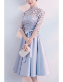Elegant Blue Wedding Guest Dress With Sheer Lace Sleeves