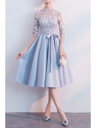 Elegant Blue Wedding Guest Dress With Sheer Lace Sleeves