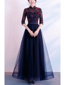 Navy Blue Tulle With Butterflies Party Dress With Collar