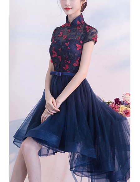 Navy Blue Tulle With Butterflies Party Dress With Collar