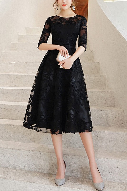 Aline Lace Knee Length Party Dress With Half Sleeves #J1453 - GemGrace.com