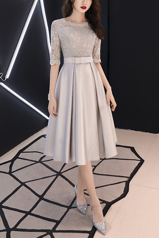 Modest Grey Midi Hoco Party Dress With Half Sleeves #J1430 - GemGrace.com