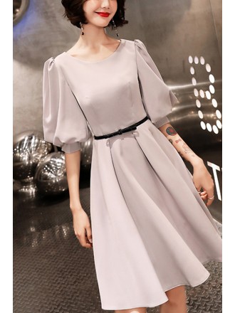 Simple Aline Short Semi Formal Dress With Lantern Sleeves
