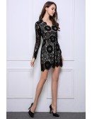 Stylish A-Line Black Lace Mini Wedding Guest Dresses With Long Sleeves