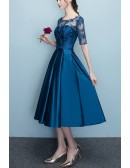 Pleated Blue Midi Party Dress With Illusion Sleeves