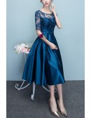 Pleated Blue Midi Party Dress With Illusion Sleeves