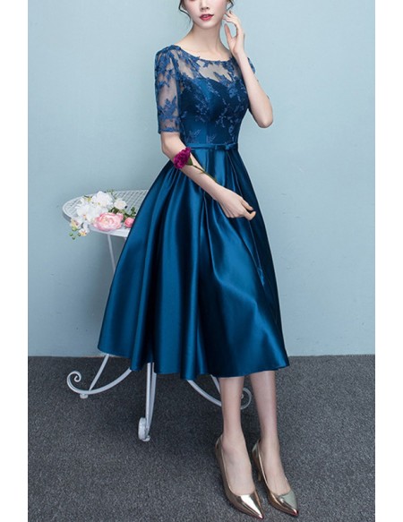 Pleated Blue Midi Party Dress With Illusion Sleeves #J1433 - GemGrace.com