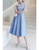 Blue Aline Satin With Loose Sleeve Party Dress With Collar