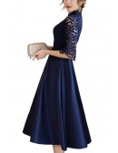 Blue Aline Satin With Loose Sleeve Party Dress With Collar