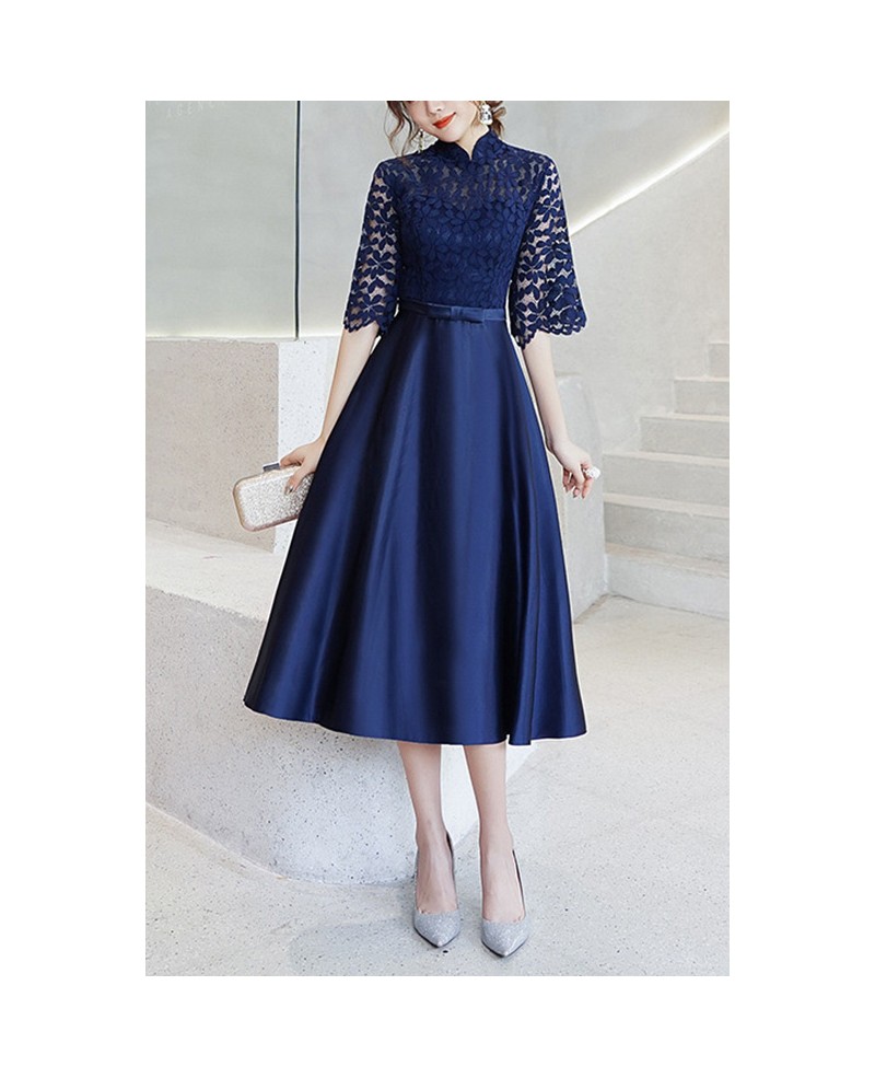 Blue Aline Satin With Loose Sleeve Party Dress With Collar #J1411 ...