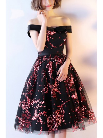 Black And Red Floral Prints Hoco Dress Off Shoulder