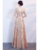 Sparkly Champagne Gold Aline Long Formal Dress Vneck With Sleeves