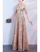 Sparkly Champagne Gold Aline Long Formal Dress Vneck With Sleeves