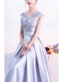 Pleated Silver Satin Long Formal Dress With Appliques