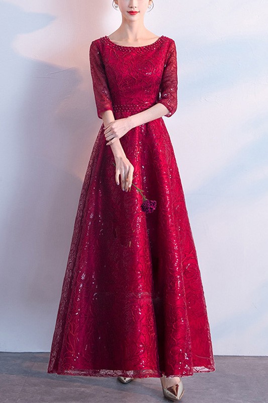 Bling Burgundy Party Dress Half Sleeved With Beadings #J1488 - GemGrace.com