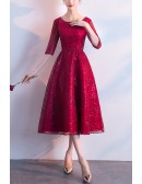 Bling Burgundy Party Dress Half Sleeved With Beadings