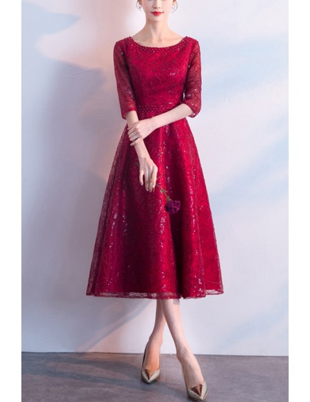 Bling Burgundy Party Dress Half Sleeved With Beadings
