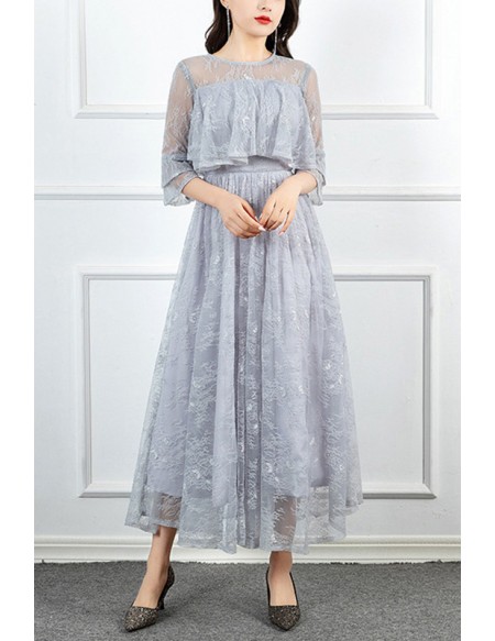 Navy Blue Empire Lace Maxi Fall Wedding Guest Dress Modest