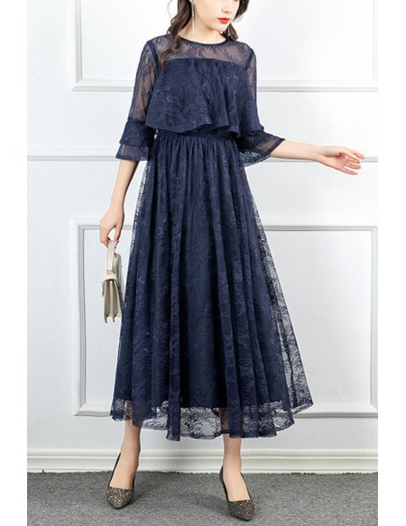 Navy Blue Empire Lace Maxi Fall Wedding Guest Dress Modest #J1477 ...