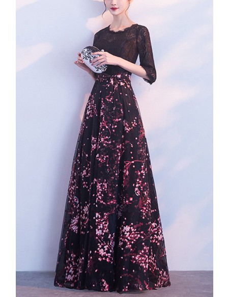 Black Lace Floral Prints Homecoming Dress With Lace Sleeves #J1413 ...