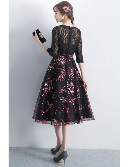 Black Lace Floral Prints Homecoming Dress With Lace Sleeves #J1413 ...