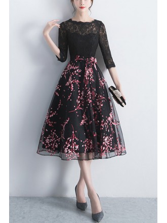 Black Lace Floral Prints Homecoming Dress With Lace Sleeves