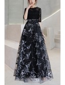 Black Lace Floral Prints Homecoming Dress With Lace Sleeves