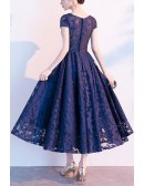 Retro Lace Midi Semi Formal Dress With Cap Sleeves