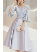 Grey Tea Length Hoco Party Dress With Flare Lace Sleeves