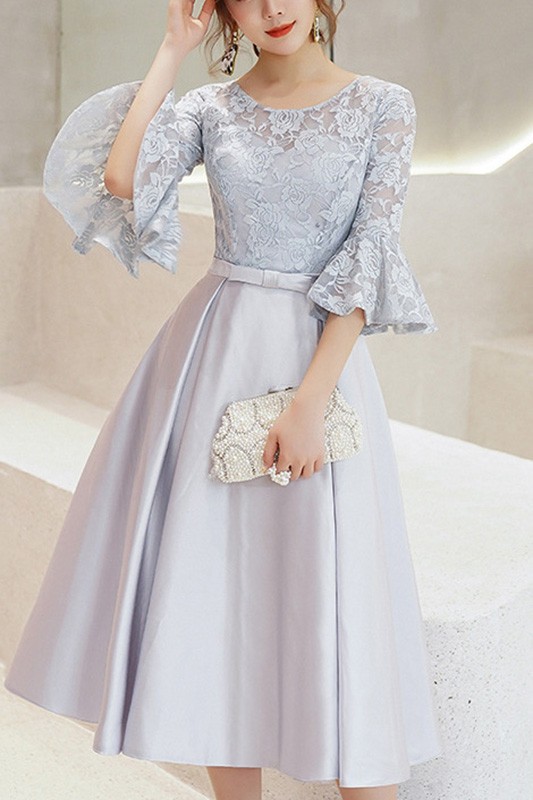 Grey Tea Length Hoco Party Dress With Flare Lace Sleeves #j1426 