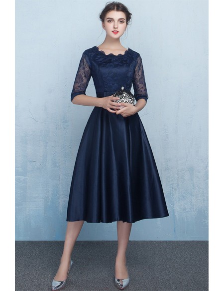 Pleated Champagne Midi Wedding Party Dress With Sleeves
