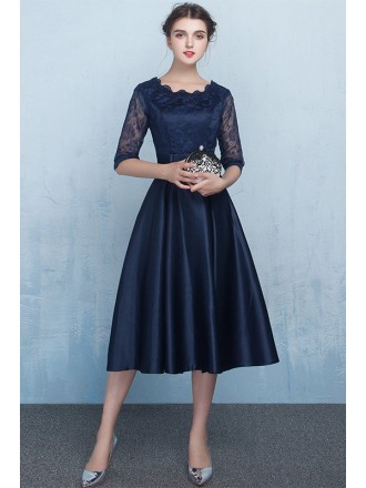 Pleated Champagne Midi Wedding Party Dress With Sleeves