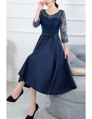 Blue Tea Length Fall Wedding Guest Dress With Illusion Lace Sleeves