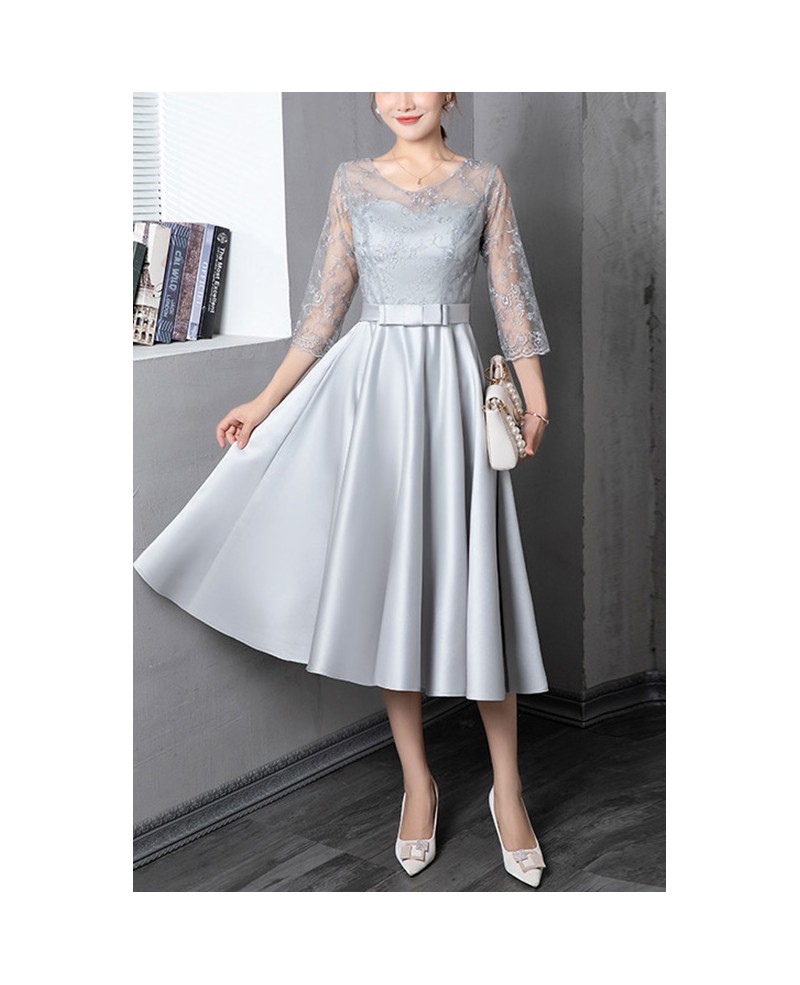 Blue Tea Length Fall Wedding Guest Dress With Illusion Lace Sleeves # ...