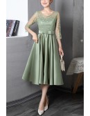 Blue Tea Length Fall Wedding Guest Dress With Illusion Lace Sleeves