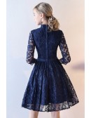 Navy Blue Lace Short Homecoming Dress With 3/4 Sleeves