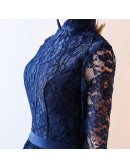 Navy Blue Lace Short Homecoming Dress With 3/4 Sleeves