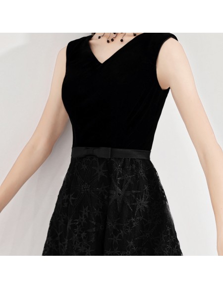 Retro Black Lace Tea Length Party Dress Vneck Sleeveless