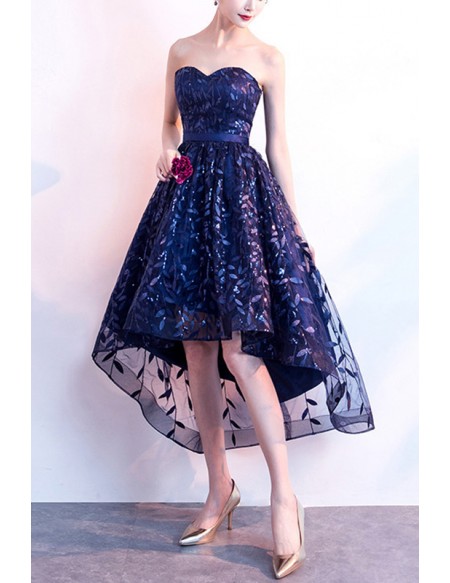 Popular Sweetheart High Low Leaf Lace Hoco Dress Strapless