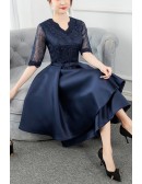 Pleated Satin And Lace Women Wedding Guest Dress Tea Length