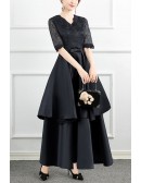 Pleated Satin And Lace Women Wedding Guest Dress Tea Length