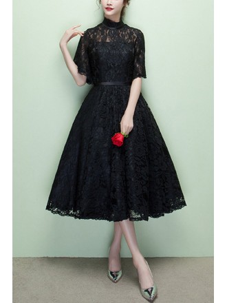 Vintage Black Lace Tea Length Homecoming Dress With High Neck
