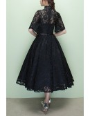 Vintage Black Lace Tea Length Homecoming Dress With High Neck