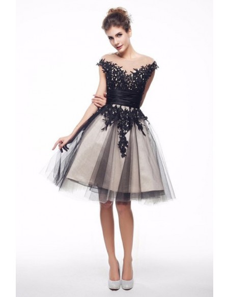 Black Lace Tulle Homecoming Dance Dress With Cap Sleeves